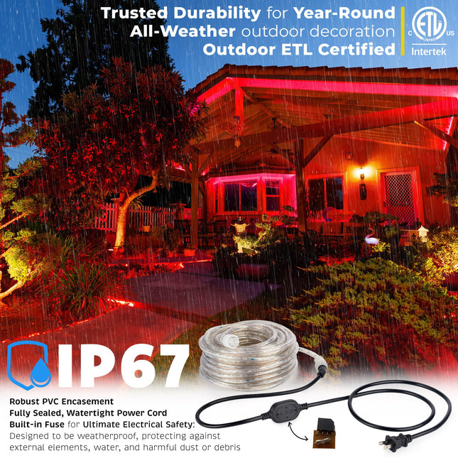 WYZworks 576LEDs 50ft LED Outside Rope Lights, Outdoor ETL Waterproof Permanent 360 Degree Light Emitting, Flexible Tube, Connectable, Christmas Palm Tree Exterior Landscape, Red