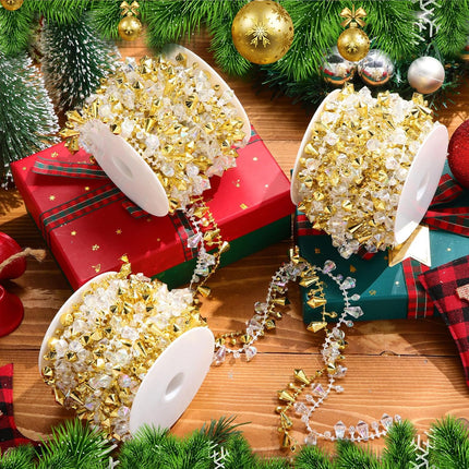 Geetery 100 Feet 3 Rolls Christmas Tree Crystal Beads Garland, Diamond Crystal String Shimmer Bead Garland for Xmas Wedding Party Decoration Crafting (Gold Iridescent Mix)