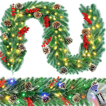 6FT Christmas Garland with Lights, Garland Christmas Decorations Artificial Prelit Christmas Garland with Timer Pine Cones Berries Outdoor Xmas Garland for Mantle Stairs Railing Fireplaces