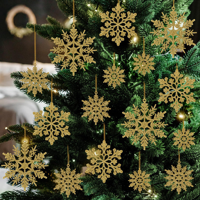 Plastic Christmas Glitter Snowflake Ornaments Christmas Tree Decorations, Gold Plastic Snowflake Ornaments for Winter Wonderland Christmas Party Decorations