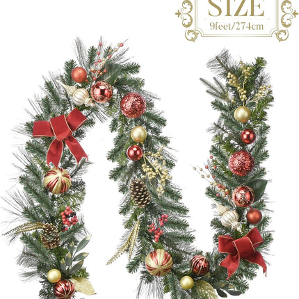 Valery Madelyn 9 feet Pre-Lit Christmas Garland with Lights for Mantle, Lighted Battery Operated Xmas Garland with Red Gold Balls for Front Door Fireplace Table Centerpiece Outdoor Window Home Decor