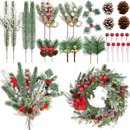 60 Pcs Artificial Green Pine Needles Branches Set Christmas Artificial Holly Red Berry Pinecones with for Christmas Tree House Decorations Christmas Flower Arrangements Wreaths Holiday Supplies (01)