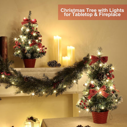 2 Pack GRANDEAL 20 Inch Lighted Tabletop Mini Christmas Tree with Timer 20 LEDs Artificial Small Christmas Tree with Lights, Bow Ball Ornaments Christmas Decorations Xmas Tree Room Office Home Decor