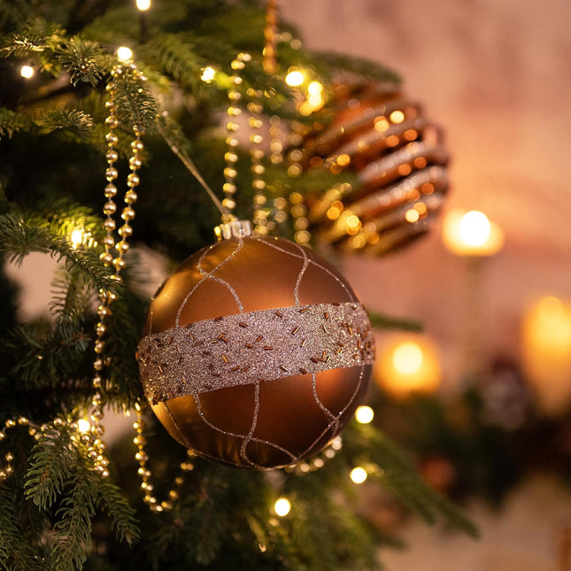 Valery Madelyn Ornaments for Christmas Trees, 4ct Bronze Copper and Gold Shatterproof Fall Christmas Tree Decorations, 5.9 Inches Luxury Brown Hanging Ball Ornaments Bulk for Xmas Holiday Decor
