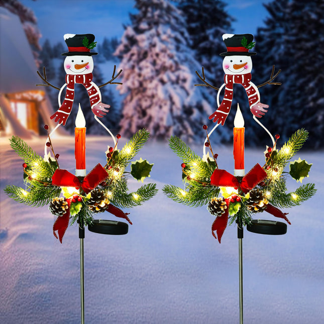 2 Pack Solar Christmas Light Outdoor Decoration Clearance, LED Candle, Snowman Christmas Light with Faux Pine Cones, Foliage Accents Garden Decorative Stake