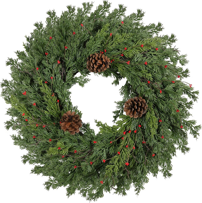 Real Touch Norfolk Pine Christmas Wreath 24 Inch Christmas Wreaths for Front Door Winter Wreath Faux Outdoor Wreaths Christmas Decorations Indoor Outside Window Home Holiday Thanksgiving Green
