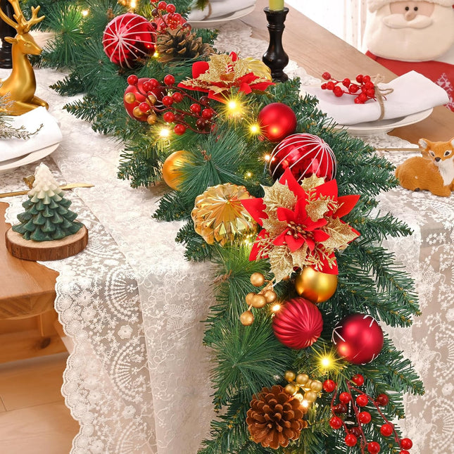 Pre-Lit Christmas Garland with Lights for Mantle [Timer], Red Garlands for Decoration Christmas, 6Ft 8 Modes Lighted Garland with Poinsettias, Balls for Door Fireplace Table Centerpiece Outdoor Decor