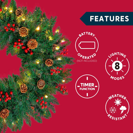 Joiedomi 9Ft Artificial Christmas Garland Prelit with LED Lights, 27 Pine Cones, 27 Red Berries for Home & Office Christmas Indoor and Outdoor Decorations (Battery Powered, Batteries not Included)