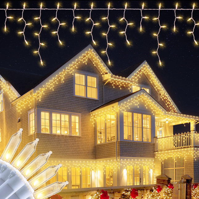 200 Christmas Icicle Lights, Warm White Clear Bulbs with 23FT Long White Wire, Professional Grade String Lights for Indoor & Outdoor,Xmas,Party, Patio, Courtyard, Window, Fence, Trees Decor