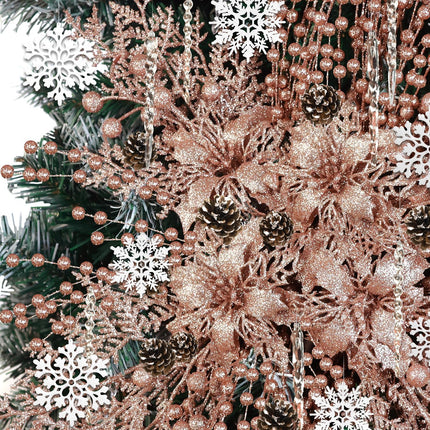 84 Piece Christmas Tree Ornaments Set, Christmas Glitter Berries Stems Poinsettia Flower Artificial Snowflake Icicle Drop - Christmas Decoration DIY Xmas Wreath Holiday Home Party Decor (Rose Golden)