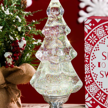 Beautiful LED Light Liquid Motion Glitter Christmas Tree | 14 Inches Tall | Premium Ornament | Water Globe | Battery Operated | Tabletop Sparkling Silver for Holiday Home and Office Décor