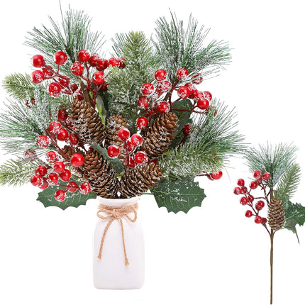Sggvecsy 6 Pack Snow Frosted Christmas Berries Pine Picks Artificial Red Berry Pine Branches Frosted Faux Pine Stem with Pine Cones Holly Berry Leaves for Xmas Tree Wreath DIY Craft Holiday Decor