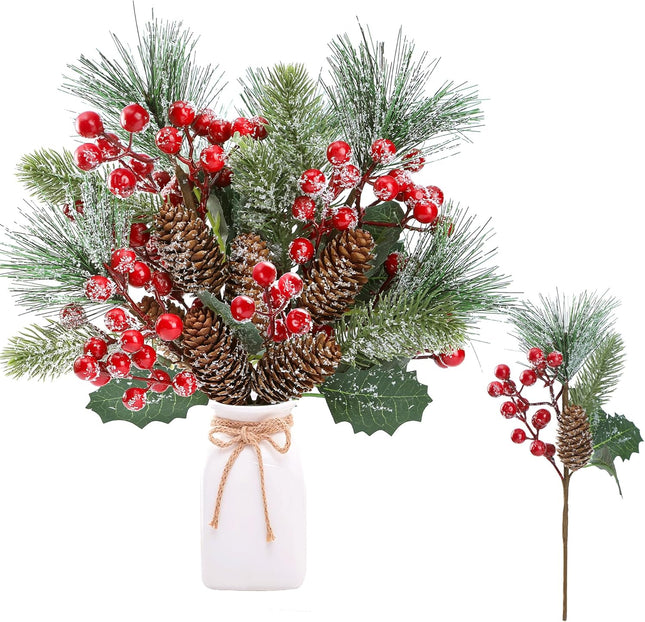 Sggvecsy 6 Pack Snow Frosted Christmas Berries Pine Picks Artificial Red Berry Pine Branches Frosted Faux Pine Stem with Pine Cones Holly Berry Leaves for Xmas Tree Wreath DIY Craft Holiday Decor