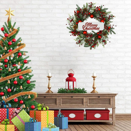 20 inch Artificial Christmas Wreath Winter Wreath with red Ball,red Berry,Pine Needles for Indoor Outdoor Farmhouse Home Wall Window Festival Wedding Decor