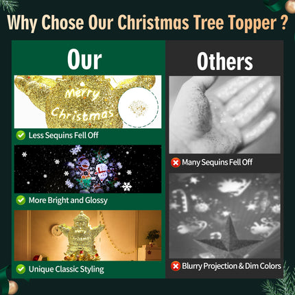 Christmas Tree Topper Lighted with 4 Projection Patterns, Santa Claus Tree Topper Built-in LED Rotating Lights, Stunning Gold 3D Projection for Xmas Party Holiday Decor