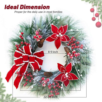 Christmas Wreath for Front Door, Large Winter Wreaths with Lights, Berries, Christmas Poinsettia and Velvet Bow, for Wall Windows Mantle Outdoor Christmas Decoration