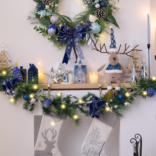 Valery Madelyn 6 feet Pre-Lit Christmas Garland with Lights for Mantle, Lighted Battery Operated Xmas Garland with Silver Blue Balls Ribbons for Front Door Fireplace Table Centerpiece Outdoor Decor