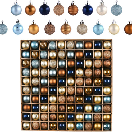 Valery Madelyn Mini Christmas Tree Ornaments Set, 100ct Blue Copper and Gold Shatterproof Christmas Tree Decorations Bulk, 1.18 Inches Hanging Ball Ornaments for Xmas Trees Holiday Decor