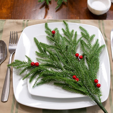 Artificial Faux Christmas Norfolk Pine Evergreen Stems Branches for Vases,12 Bundles Fake Green Real Touch Feel Greenery Stem with Berry for Xmas Holiday Winter Table Indoor Decoration