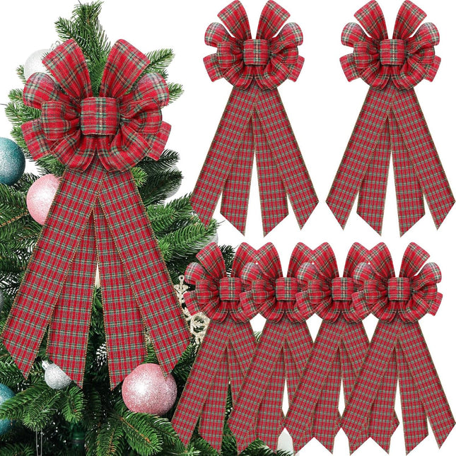 Yinkin Christmas Wreath Bows Buffalo Plaid Wreath Bows for Front Door Holiday Bow Knots Tree Topper Bows for Winter Xmas Party Porch Mailbox Indoor Outdoor Decor (6 Pcs,11.4 x 19.6 Inch)