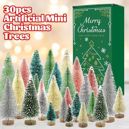 30 PCS Mini Bottle Brush Christmas Trees with Wood Base, Small Pine Tree Sisal Trees for Christmas Table Top Decor Winter Crafts Ornaments