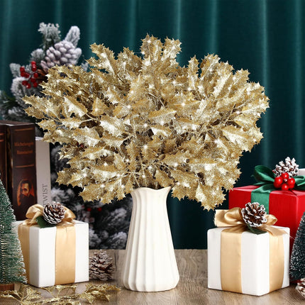 Crowye 60 Pcs Christmas Glitter Leaves Holly Leaves 15" Artificial Holly Leaf Picks Glitter Stems for Christmas Tree DIY Xmas Wreath Garland Home Decor (Gold)