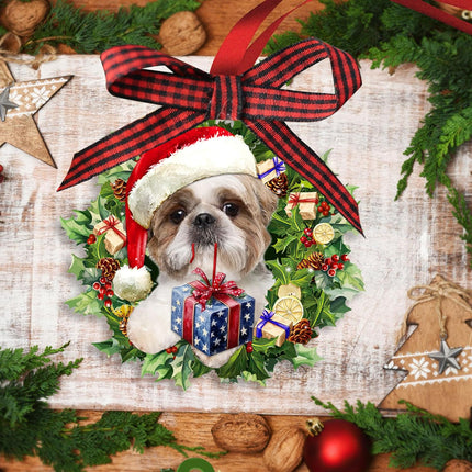 Talataca Shih Tzu Wearing A Christmas Hat Wreath Dog Lover 2D Flat Christmas Tree Wood Ornament Decor Wooden Hanging Decoration House Present Xmas Eve Keepsake Decorative