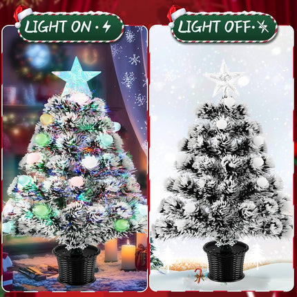Pre-Lit Fiber Optic Christmas Tree,22'' Tabletop Small Mini Artificial Xmas Tree with Balls,RGB Lights,Treetop, Battery/USB Powered White Tiny Fake Xmas Tree Decorations for Desktop,Holiday