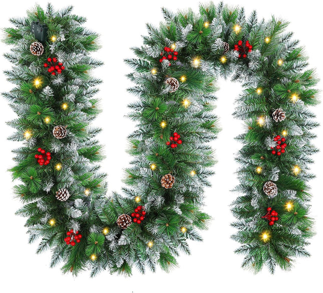 Christmas Garland,Christmas Garland with Lights,2.7M/ 9FT Christmas Garland for Mantle for Home Stairs Fireplace Front Porch Door Display Indoor Outdoor Christmas Decor