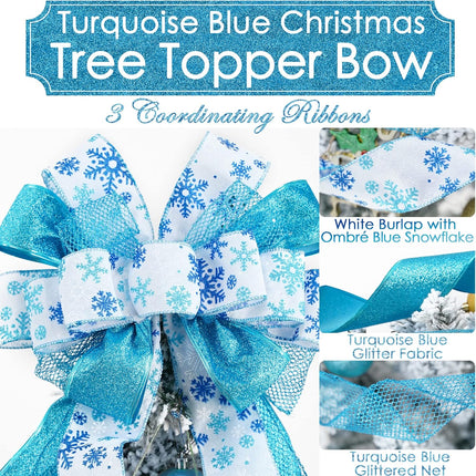 MEEDEE Blue Christmas Tree Topper 12" Wide Glitter Christmas Bows Snowflake Ribbon Bow Blue Tree Topper Blue Bows for Christmas Tree Decorations (1 Pack)