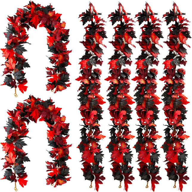 PARTY JOY 6PCS Black Red Leaf Garland, 5.6Ft Halloween Garland Artificial Maple Leaf Autumn Garland Hanging Fall Vines Table Decorations for Thanksgiving Front Door Decorations Fall Decor