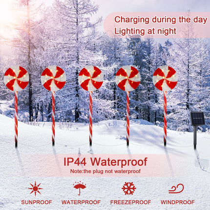Bencailor 10 Pcs Christmas Pathway Marker Light Xmas Red and White Lollipop Solar Powered Light Christmas Outdoor Decoration Candy Cane Driveway Light Plugin for Yard Patio (Novel)