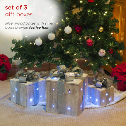 Alpine Corporation 3-Piece Wooden Box Christmas Decor with LED Lights, Silver