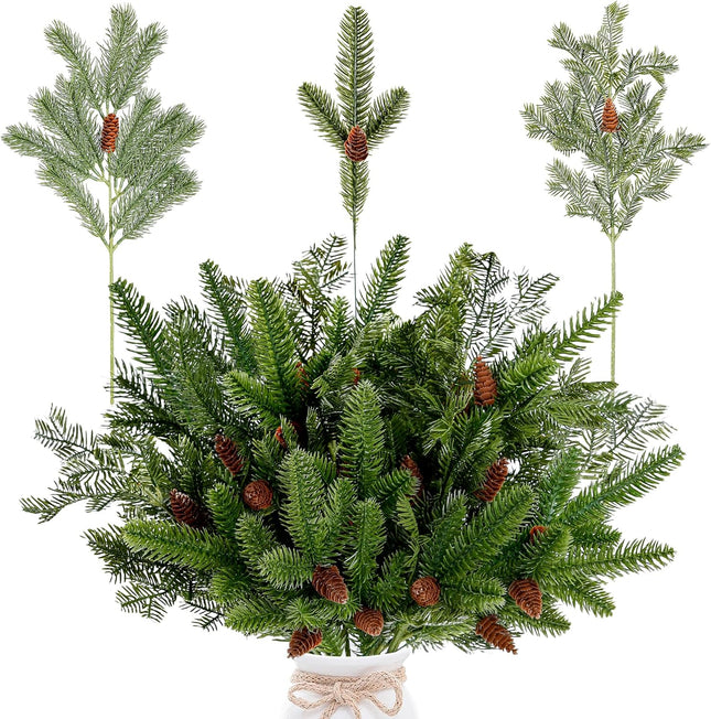 Sggvecsy 34 Pcs Artificial Pine Branches Faux Pine Needles with Pine Cones 19’’ Long Greenery Pine Picks Christmas Twigs Stems for DIY Garland Wreath Xmas Embellishing Home Garden Decoration