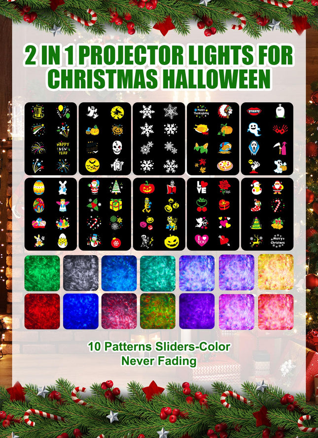 Minetom Christmas Projector Lights Outdoor 20 HD Effects (3D Ocean Wave + Patterns) Waterproof with Timer Landscape Lights for Indoor Holiday Halloween Christmas Night Disco Party, RGB + Multicolor