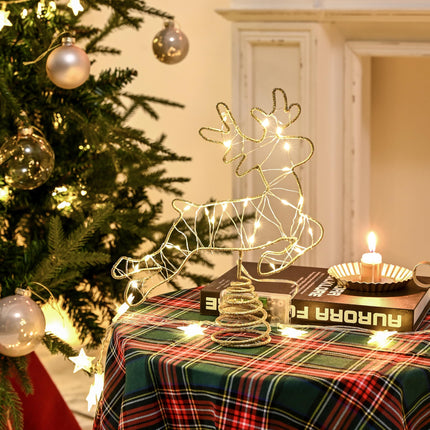 Light Up Reindeer Christmas Tree Topper, Metal Gold Glittery Elk Tree Topper with 25 LED Warm Lights, Battery Operated Cute 2D Deer for Unique Christmas Tree Decoration, Centerpiece