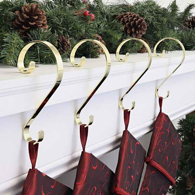 Haute Decor Stocking Scrolls Stocking Hanger - 4 Pack (Brass/Gold) - Christmas Stocking Holder Set - for Various Mantel Sizes Including Large