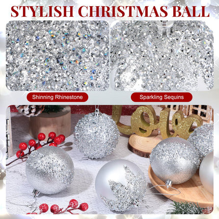 Syhood 12 Pieces Glitter Christmas Ball Ornaments Rhinestone Sequin Christmas Ball Decorations Hanging Plastic Balls for Xmas Trees Wedding Party Holiday Decorations (Silver,3.15 Inch)