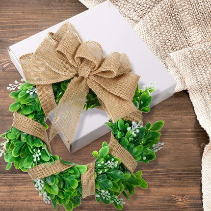 WILLBOND 2 Pcs Boxwood Wreath 11.8 Inch Artificial Christmas Wreath Outdoor Wreath Green Leaves Wreath with 16 Feet Sackcloth for Xmas Decor Front Door Wall Window Wedding(Natural Sackcloth)