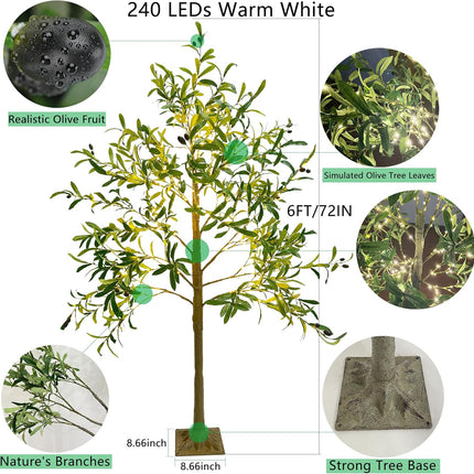 6FT Artificial Lighted Olive Tree with 240 LED Warm White Lights - Indoor and Outdoor Decorative Lighting for Christmas Weddings and Home Holidays
