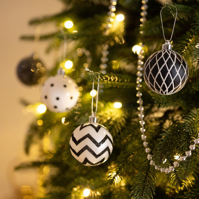 Valery Madelyn Christmas Ornaments Tree Decorations, 30ct Black and White Shatterproof Christmas Ball Ornaments Set, 2.36 Inch Boho Modern Decorative Hanging Ornament Bulk for Xmas Holiday Party Decor