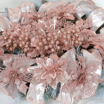 24 Pcs Rose Gold Christmas Tree Decorations Kit Poinsettias Artificial Christmas Flowers Decorations Set Christmas Ribbon Garland for Christmas Tree