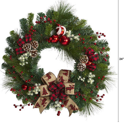 Nearly Natural 24in. Christmas Pine Artificial Wreath with Pine Cones and Ornaments