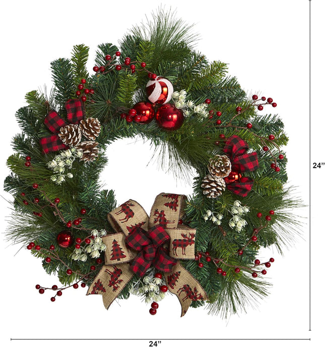 Nearly Natural 24in. Christmas Pine Artificial Wreath with Pine Cones and Ornaments