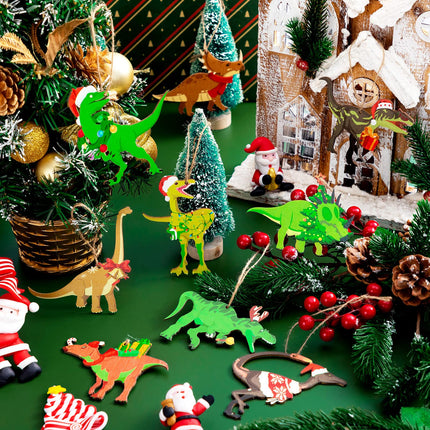 36 Pieces Christmas Dinosaur Ornament Wood Dinosaur Christmas Tree Topper Wooden Dinosaur Christmas Tree Decorations Funny Xmas Decorative Hanging Ornaments Dinosaur Wood Cutouts for Kids Boy Party