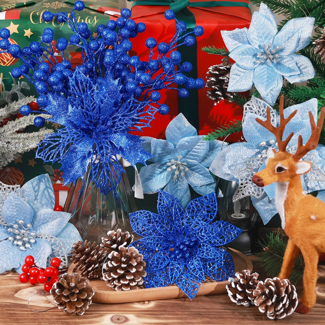 Hommtina 56 Pcs Christmas Decorations, 4 Styles Poinsettias Artificial Christmas Flowers Glitter Berries Stems Ornaments Tree with Pine Cones & Stems for Xmas Wedding DIY Wreath Floral Party (Blue)