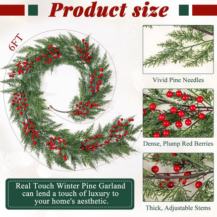 Dolicer 6FT Christmas Pine Garland, Artificial Cedar Garland with Red Berries, Lush Winter Greenery Garland with Lights for Mantel Home Fireplace Holiday Weeding Christmas Decorations