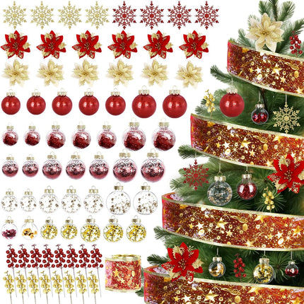 HOHY 72pcs Christmas Ornaments Set Christmas Tree Decorations Red and Gold Christmas Ornaments Ball Shatterproof Ornaments with Snowflake, Glitter Poinsettia Flowers, Glitter Berries Stems, Ribbon