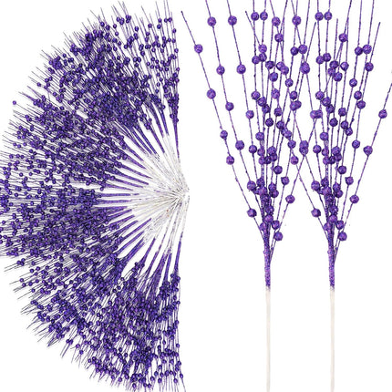 Geosar 30 Pcs Christmas Artificial Glitter Berry Stem Decorations Bead Sticks Pick 17 Inch Xmas Ornaments Glittery Twigs for Christmas Tree Halloween Wreath Vase Filler Home Decor(Purple)