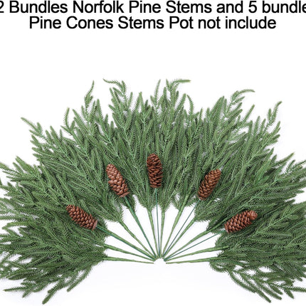 Artificial Christmas Norfolk Pine Stems Branches for Vases,12 Bundles Faux Fake Greenery Evergreen Real Touch Feel Green Branch with Pinecones for Holiday Winter Table Xmas Decorating
